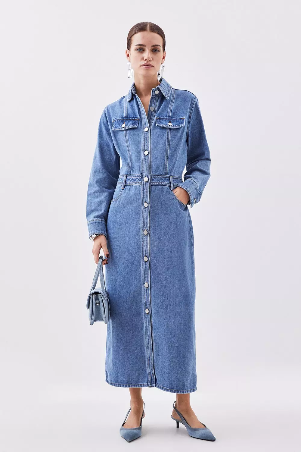 Petite Denim Long Sleeve Midi Shirt Dress | Karen Millen